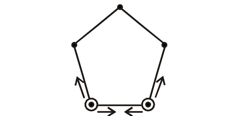 Pentagon with two frisbees at adjacent vertices; arrows indicate throw directions along edges