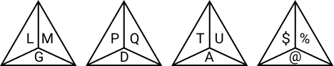 Pattern of four triangles with letters; the last has three symbols in place of letters