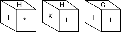 Three positions of a dice with letters, one face masked by *